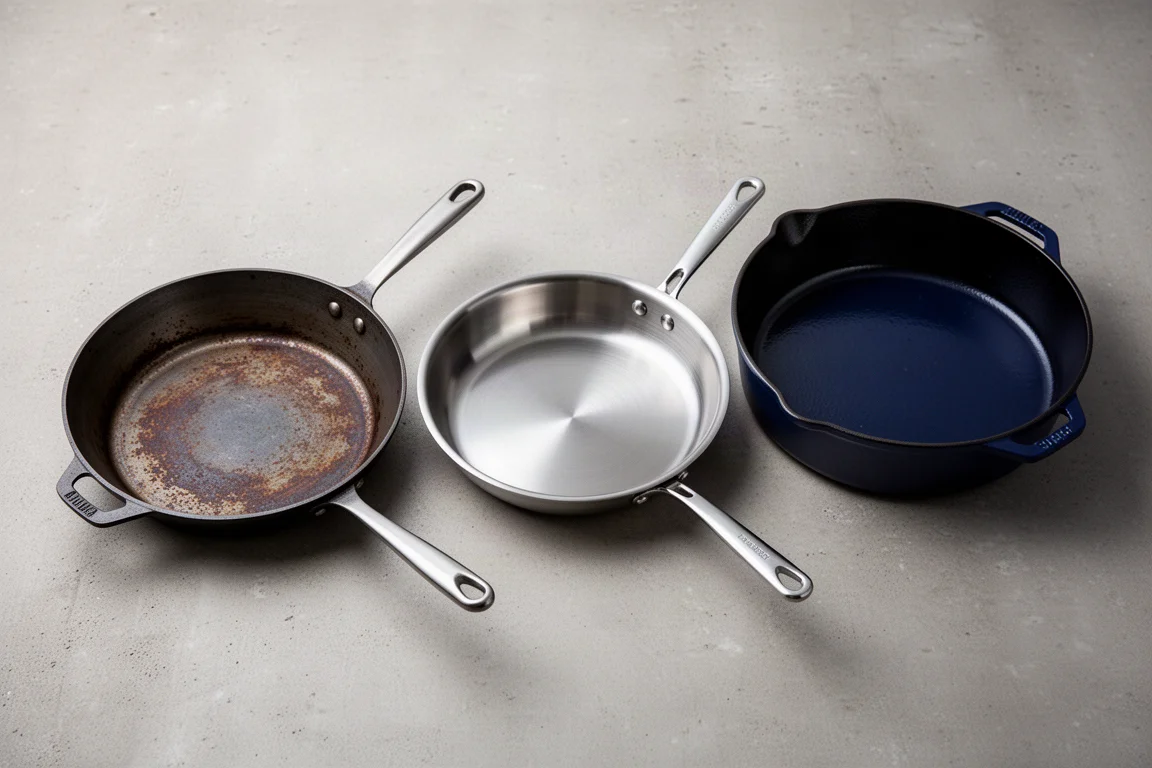 Carbon steel, stainless steel, and enameled cast iron skillets arranged on a concrete surface