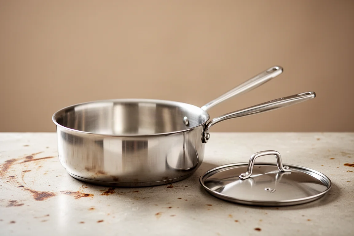 Stainless clad saute pan with straight sides on a kitchen counter beside a lid