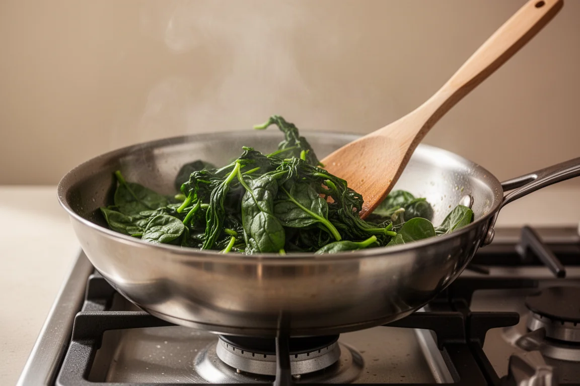 Fresh spinach cooking down in a wide stainless pan on a stovetop