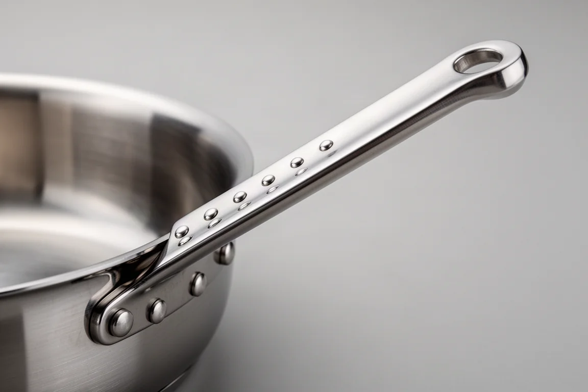 Close-up of a straight stainless handle and loop helper handle on a saute pan