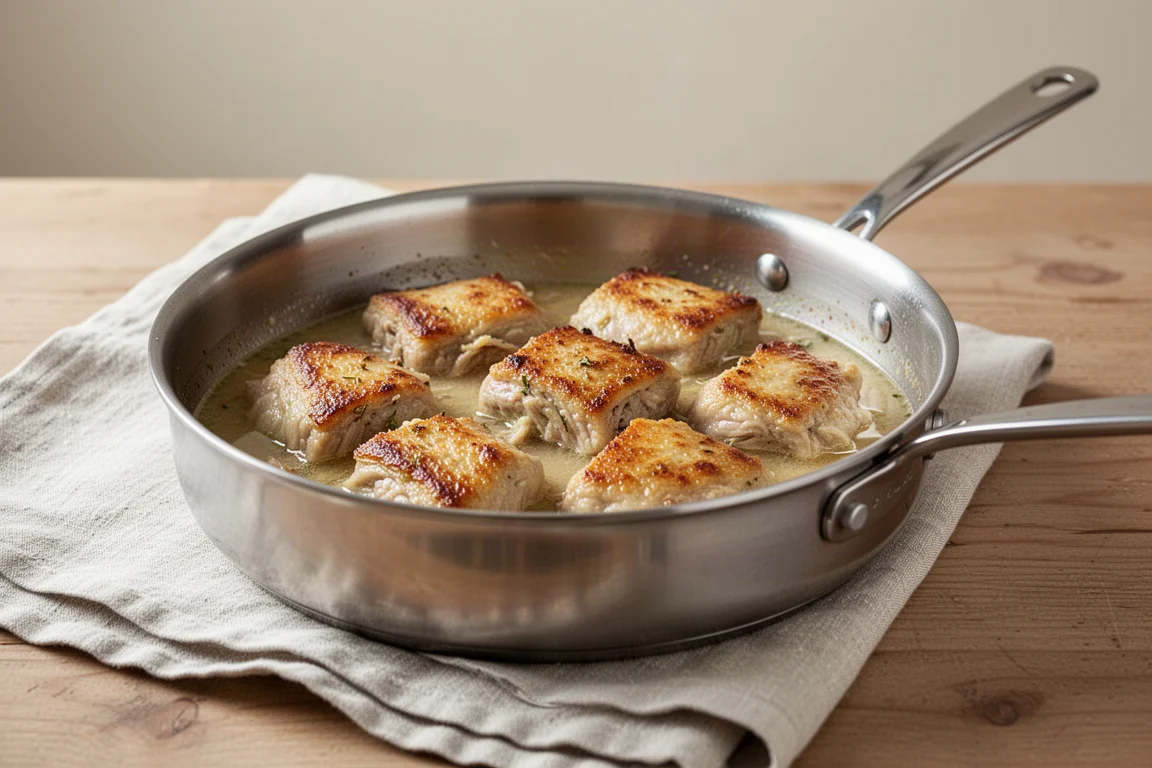 Braised dish served from a stainless saute pan on a dining table