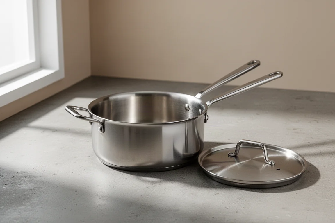Stainless clad saute pan with straight sides and lid on a concrete surface