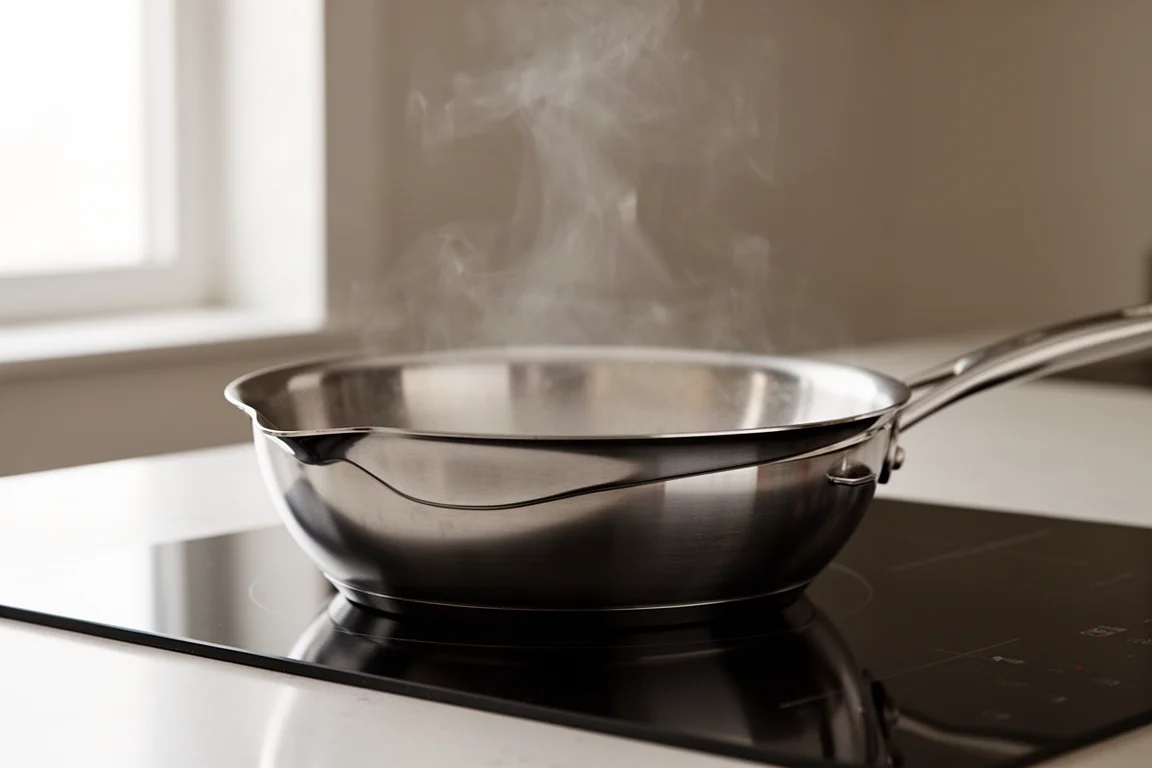 Stainless steel frying pan searing food on an induction cooktop