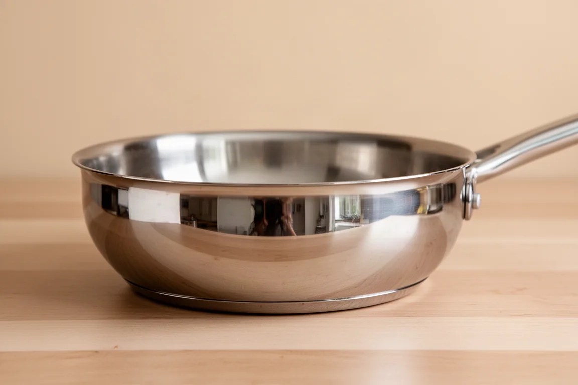 Polished stainless steel pan reflecting soft kitchen light
