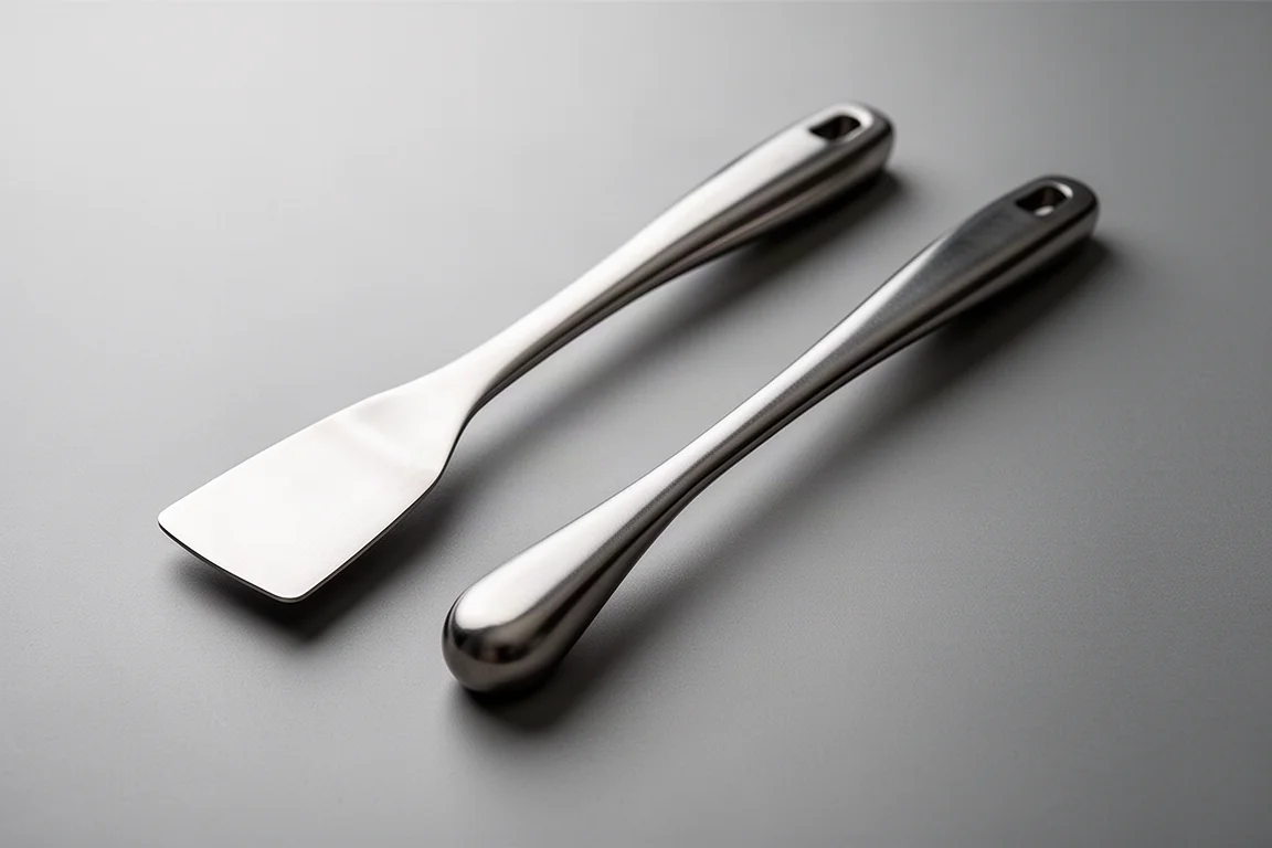 Two stainless steel pan handles shown side by side for comparison