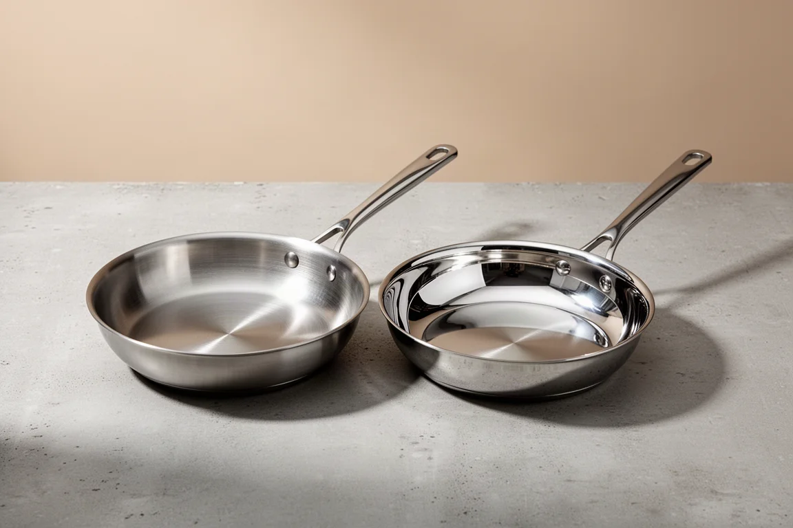 Two stainless steel frying pans side by side on a concrete surface