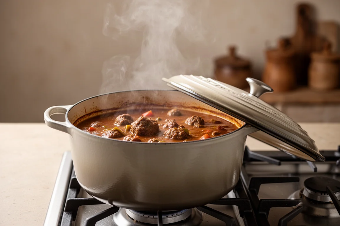 Cocotte en fonte émaillée mijotant un ragoût sur une plaque de cuisson