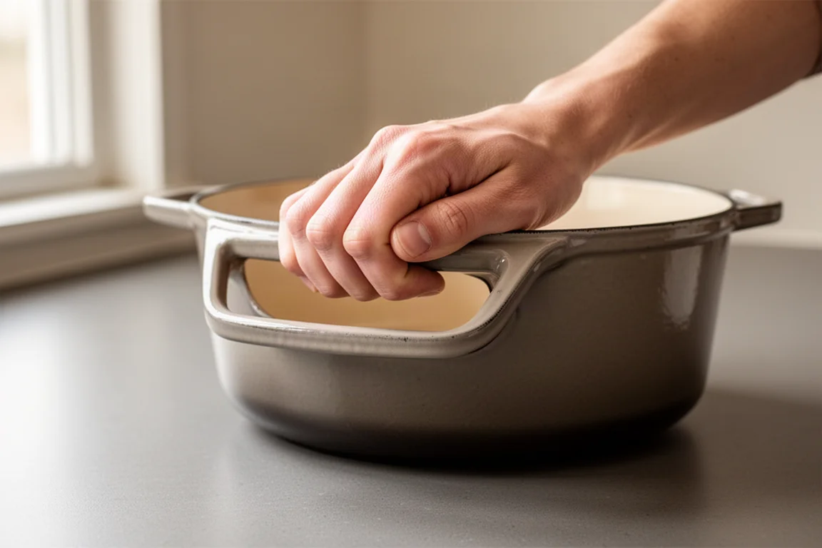 Main saisissant la grande poignée latérale d'une cocotte émaillée