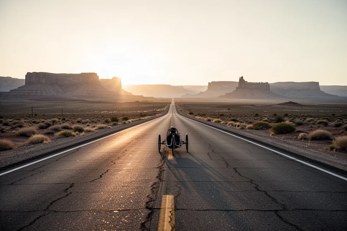 Empty desert highway at sunrise with a distant low handcycle silhouette on the road