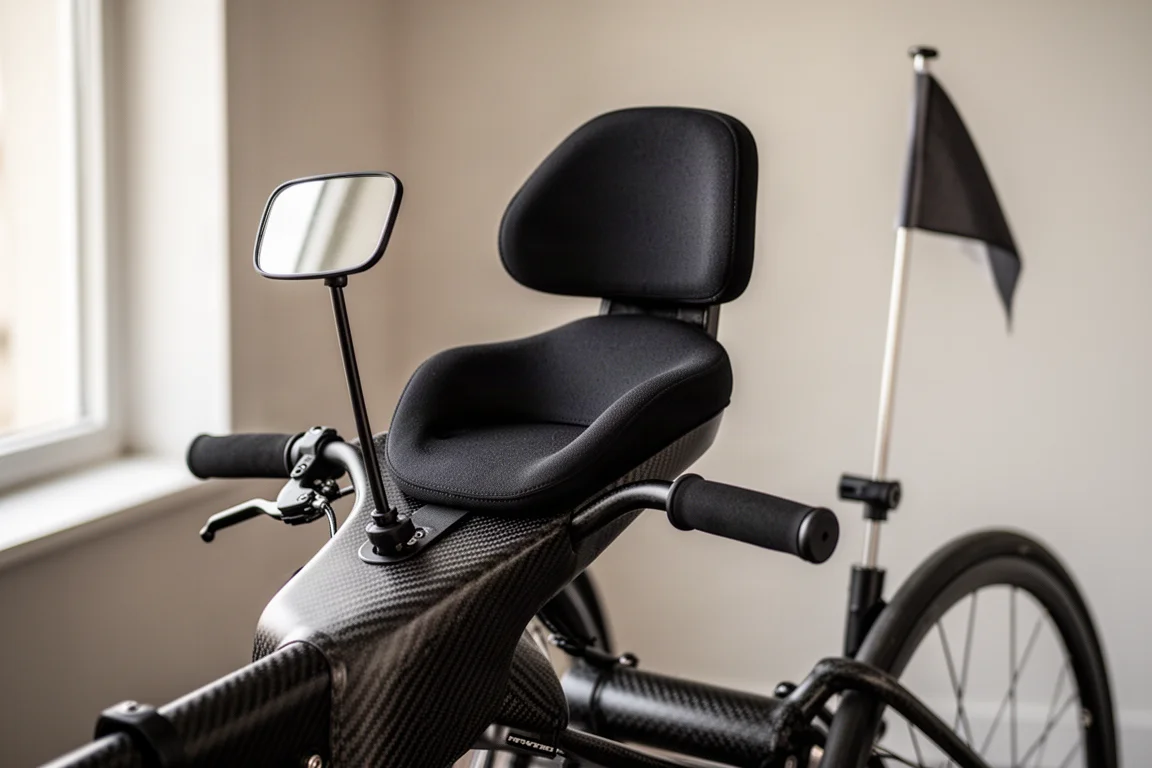 Close-up of a carbon handcycle cockpit with head support pad, grips and small mirror