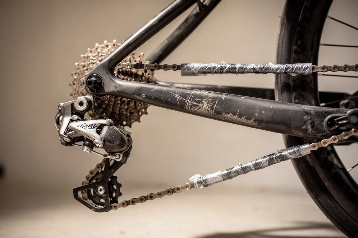 Worn handcycle drivetrain with derailleur, cassette and protective tape on the frame