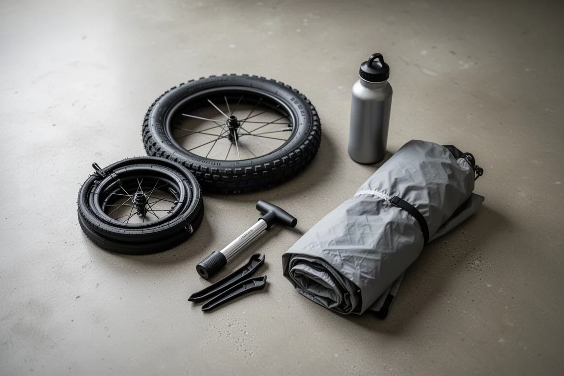 Overhead flat-lay of handcycle touring spares including folding tire, pump and bottle