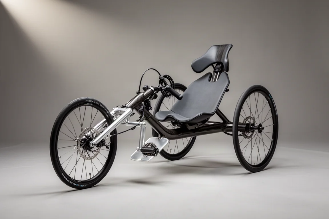 Carbon-fiber racing handcycle with low reclined seating and small 650c wheels on grey backdrop