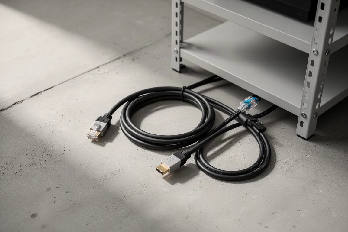 Starannie zwinięte kable HDMI i ethernet na betonowej powierzchni obok półki rack