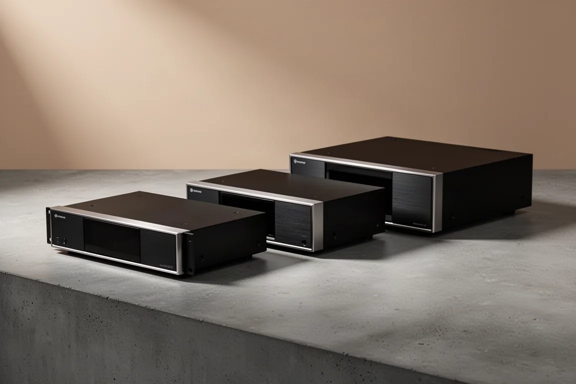 Three black home theater video processors in a row on a concrete surface
