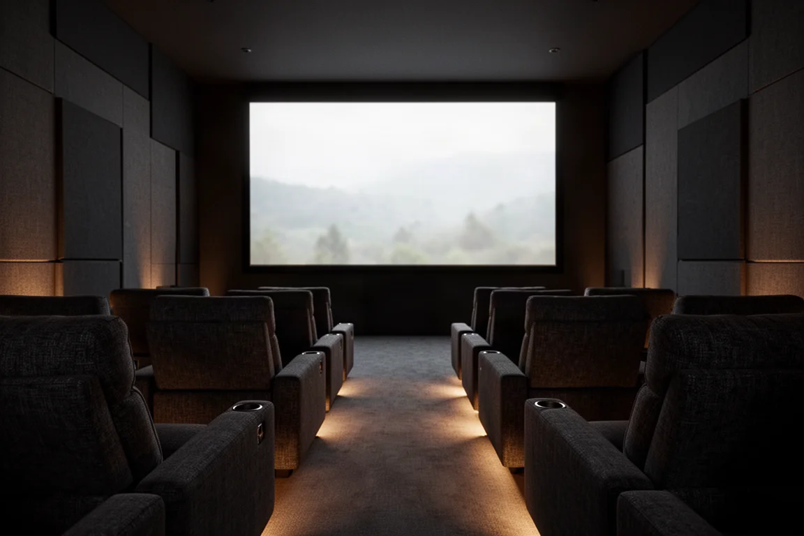 Ciemne kino domowe z rzędami foteli zwróconych w stronę świecącego ekranu projekcyjnego
