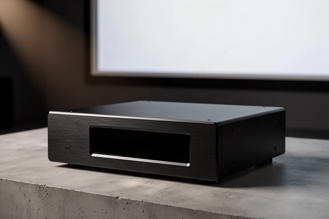Black aluminum home theater video processor on a concrete surface before a blurred projection screen