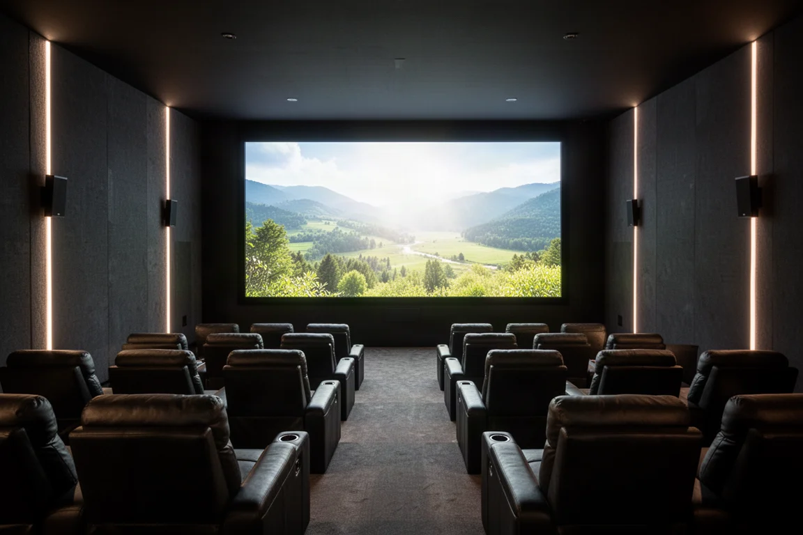 Ciemne kino domowe z dużym świecącym ekranem projekcyjnym i pustymi fotelami rozkładanymi