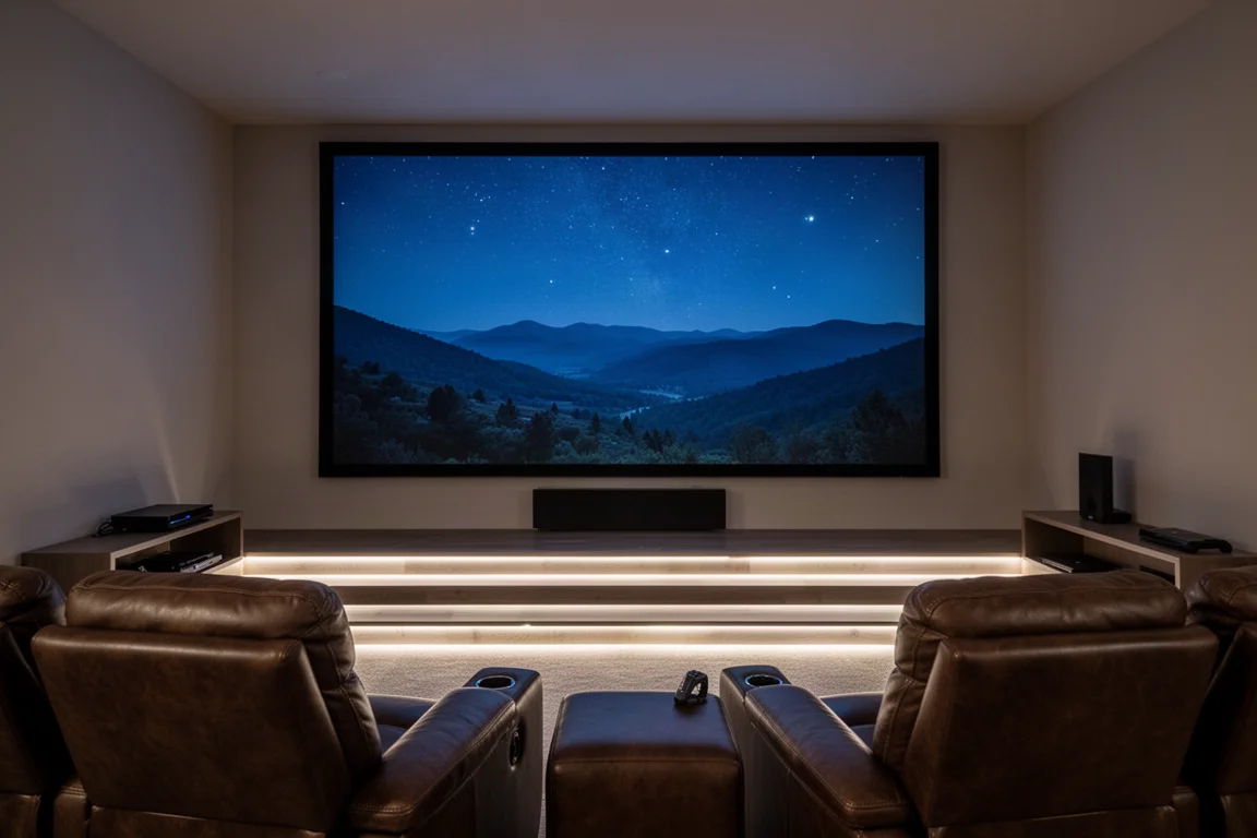 Ciche kino domowe nocą z fotelami i dużym ekranem wyświetlającym niebieski krajobraz