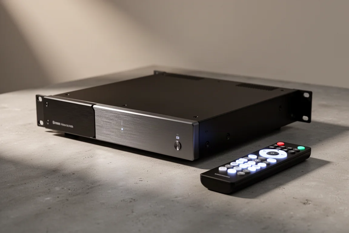 Rack-mount home theater video processor with brushed front panel and backlit remote on concrete