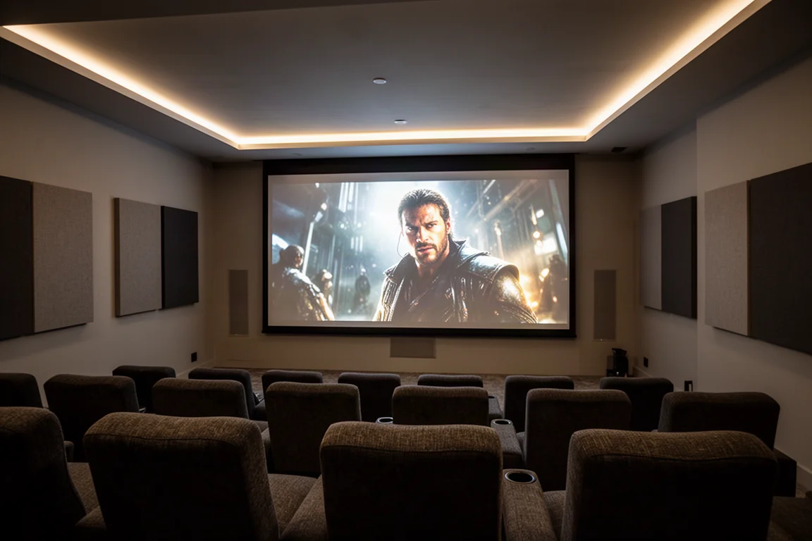 Salle de cinéma maison faiblement éclairée avec un grand écran de projection affichant une image lumineuse et détaillée