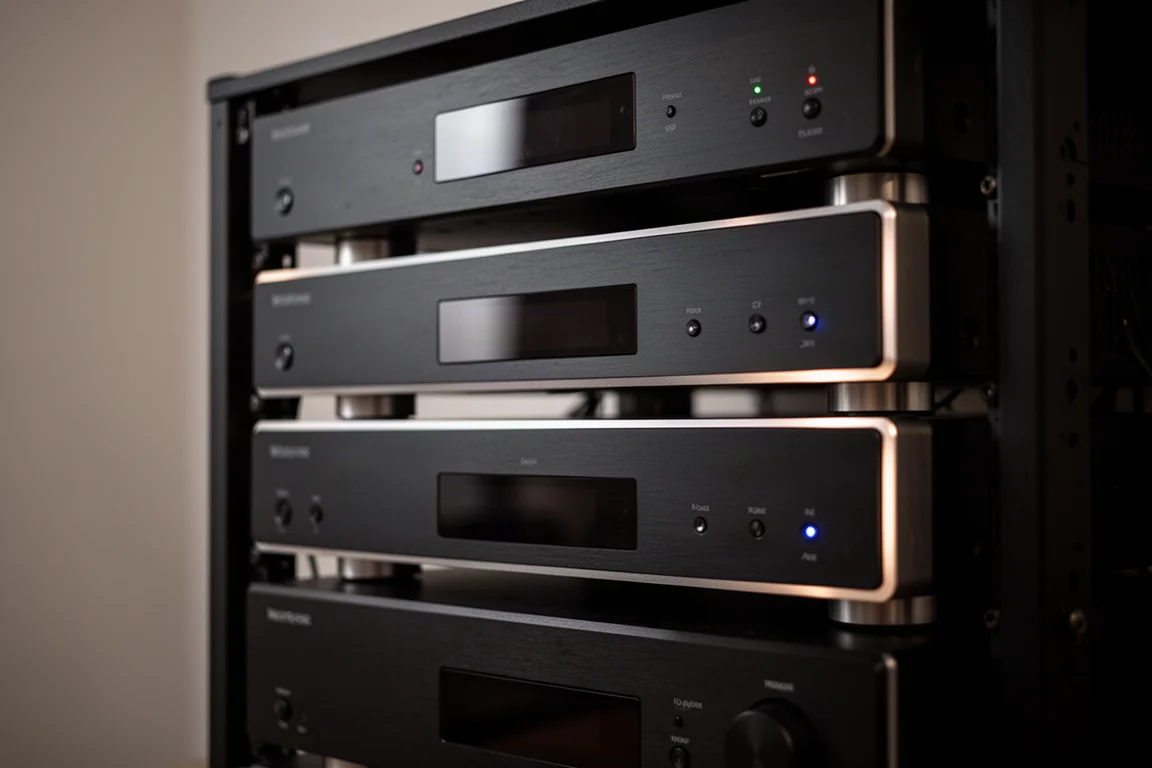 Gros plan sur un rack d'équipement de cinéma maison sombre avec des voyants lumineux