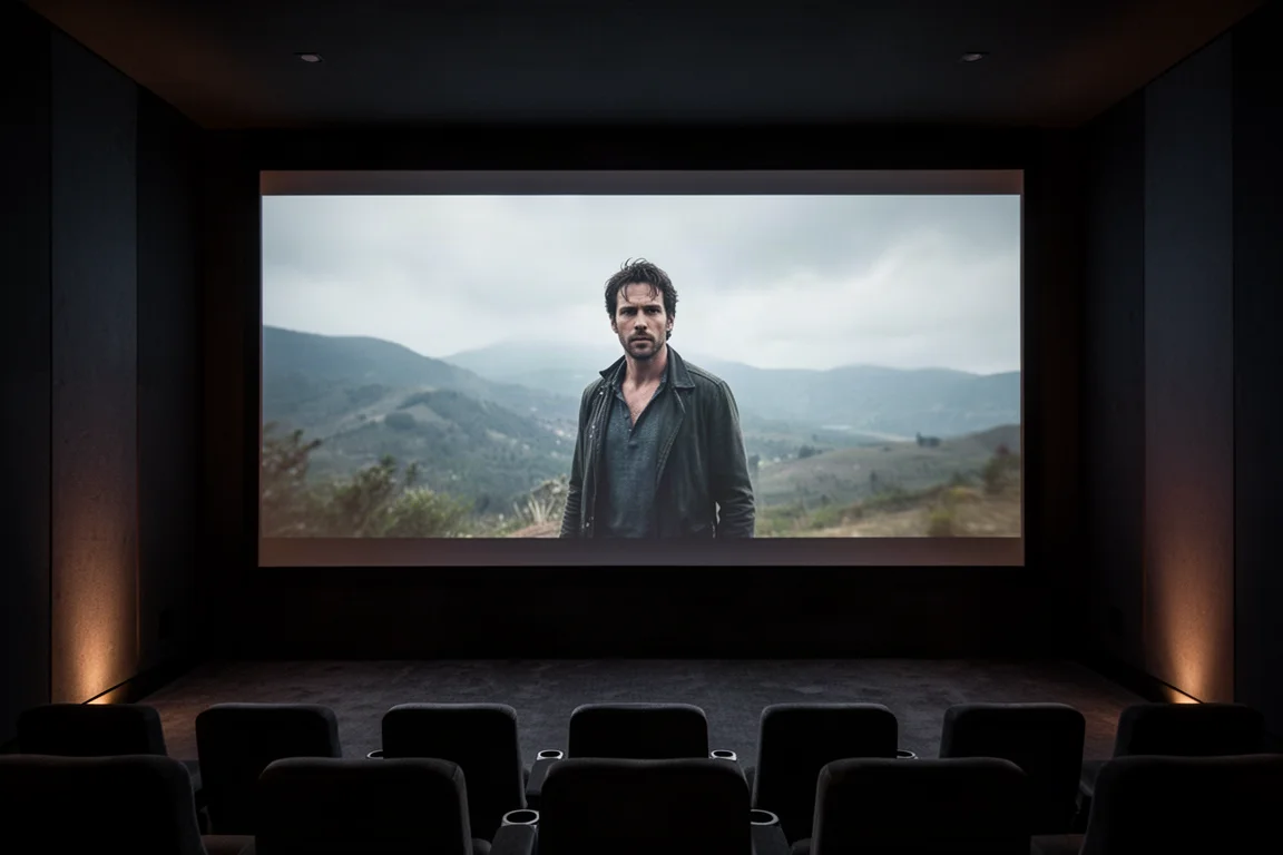 Écran de projection grand format dans une salle sombre rempli bord à bord par une image large