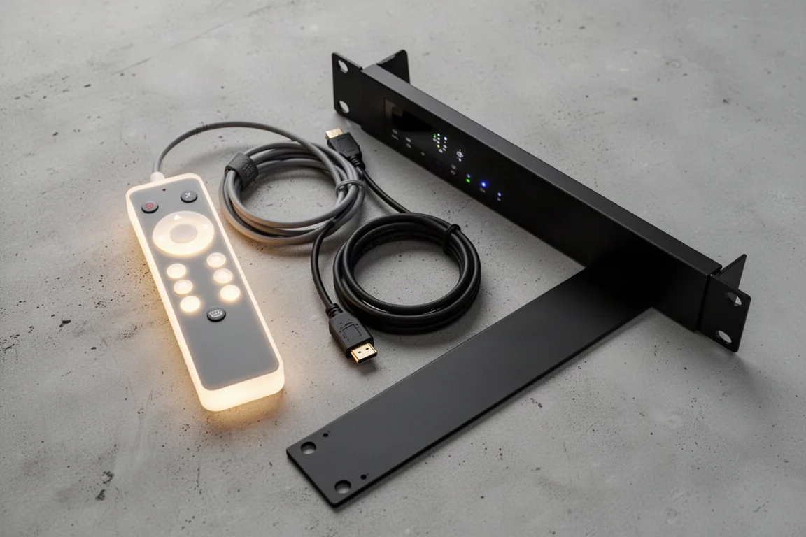 Vue à plat d'une télécommande rétroéclairée, d'un câble HDMI enroulé et d'une face avant de rack noire