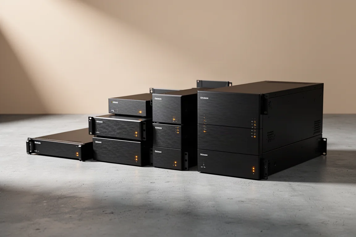 Four black rack-mount video processor units of varying heights arranged on a concrete surface