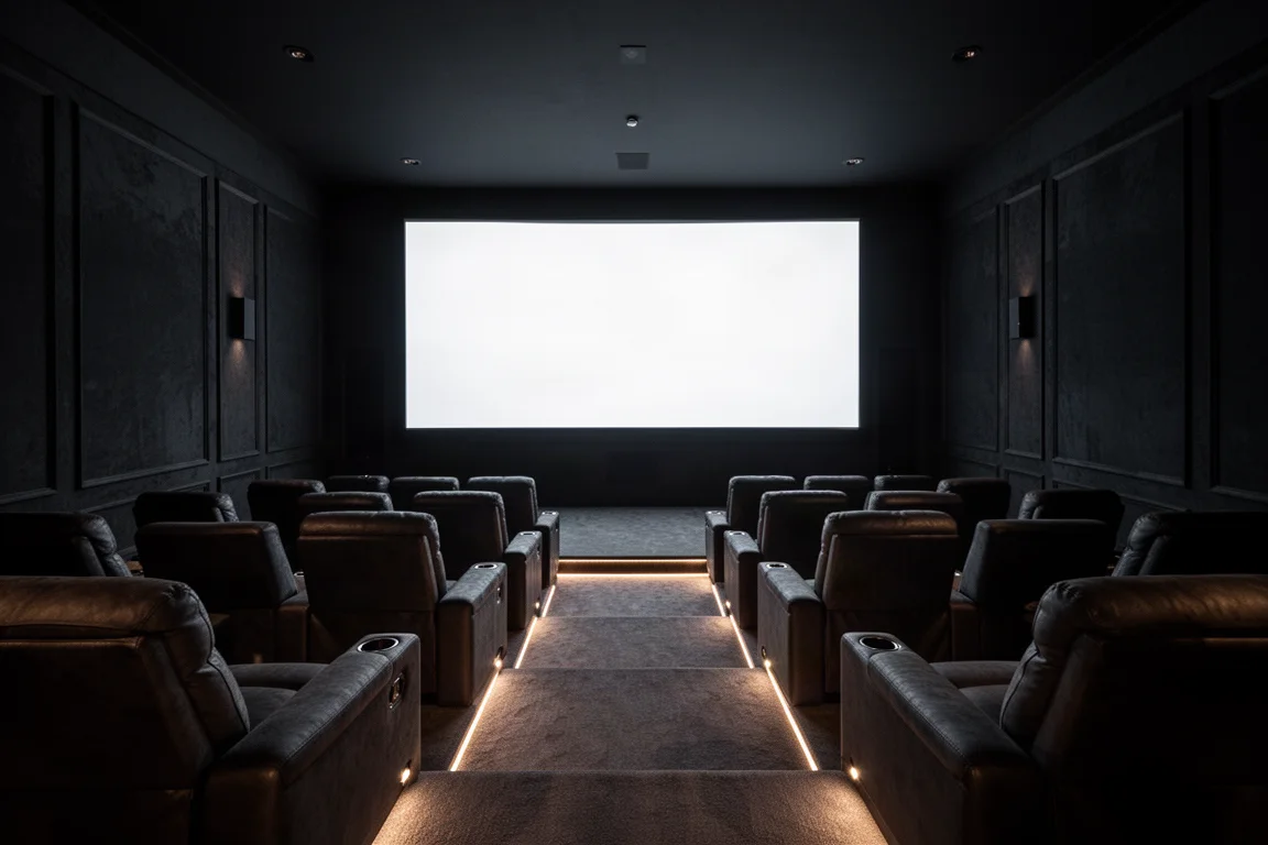 Home cinema sombre avec un écran de projection grand format lumineux et un éclairage d'allée discret
