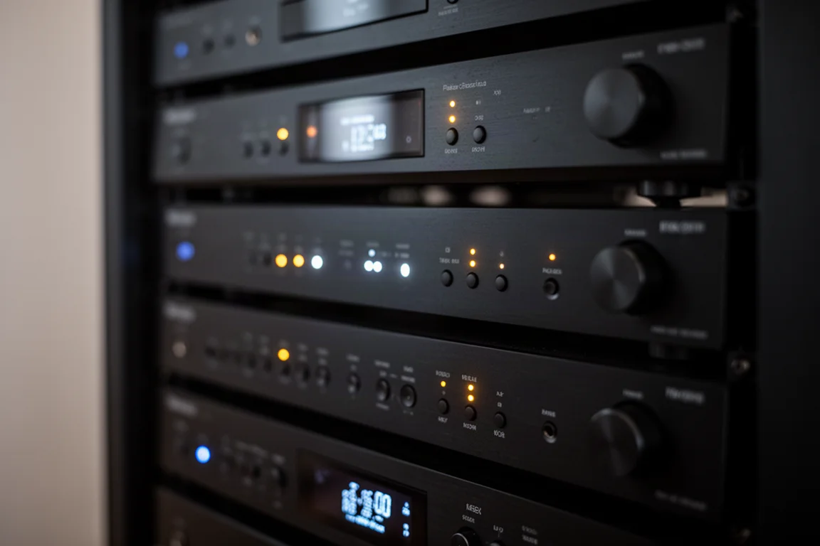 Rack d'équipements de home cinema dans la pénombre avec de petits voyants lumineux