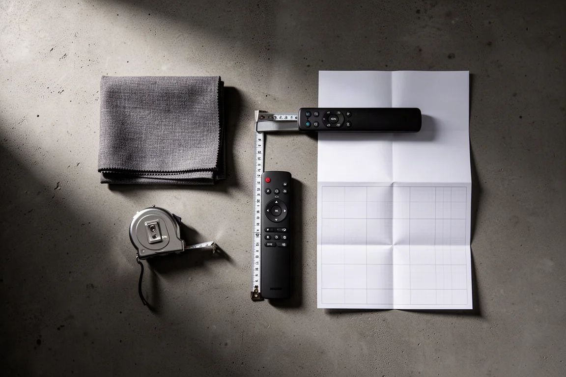 Vue à plat de matériel de planification home cinema sur une surface en béton sombre