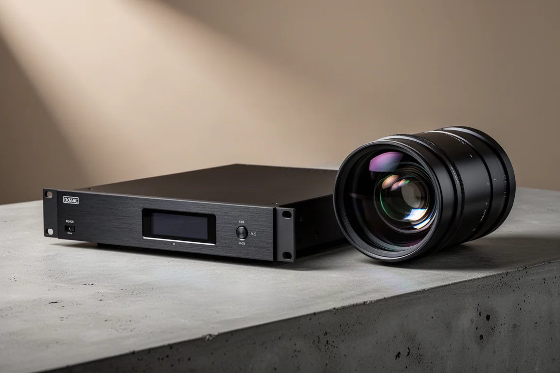 Home theater video processor and cylindrical anamorphic projector lens on a concrete surface