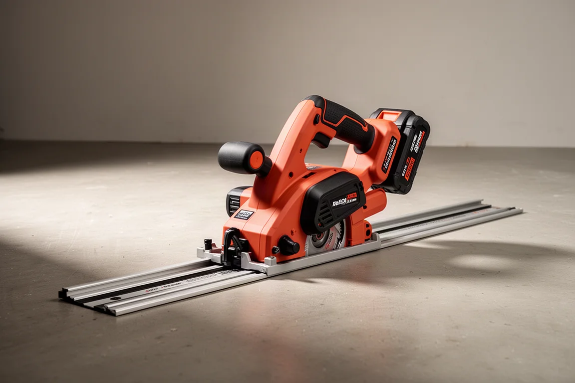 Cordless track saw with integrated guide track on a concrete workshop floor
