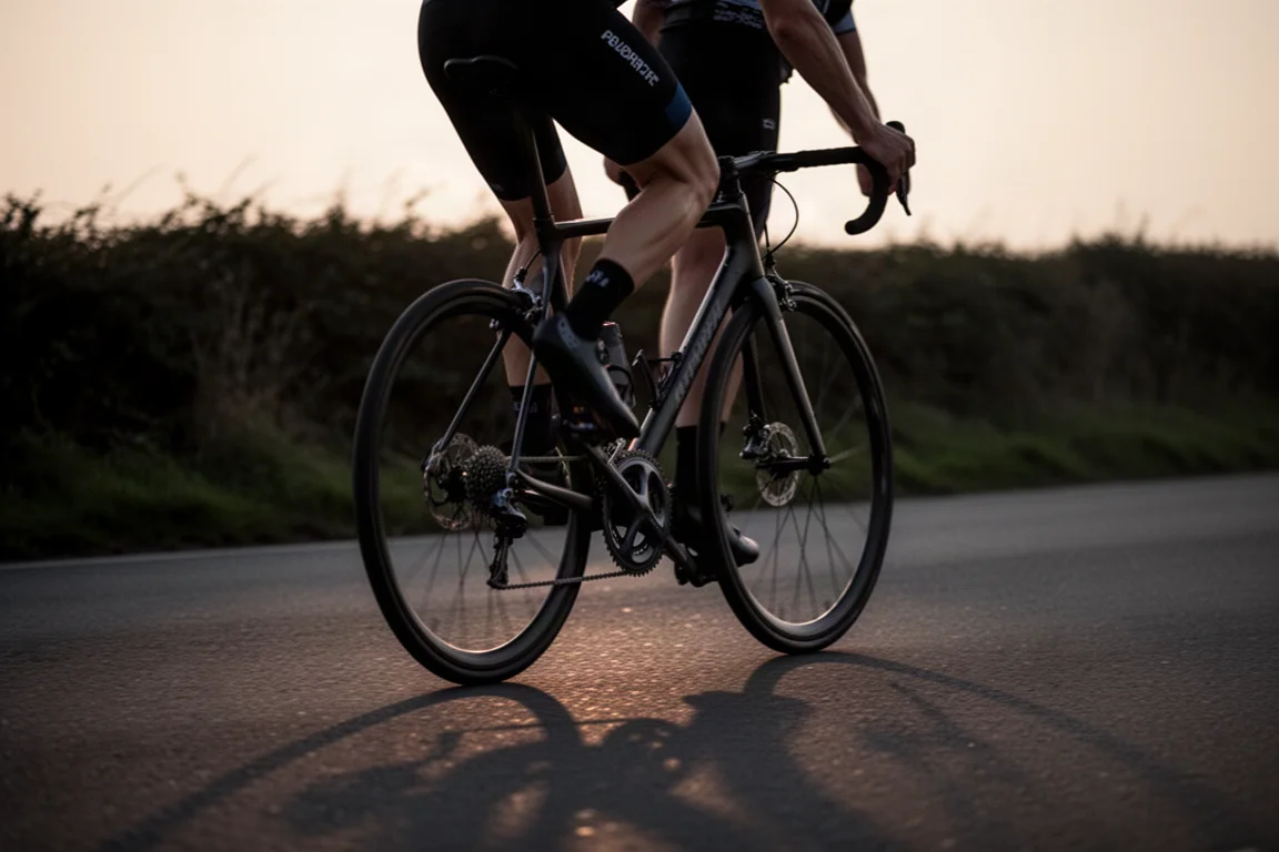 Racefiets met powermeterpedalen op een rustige landweg in het vroege ochtendlicht