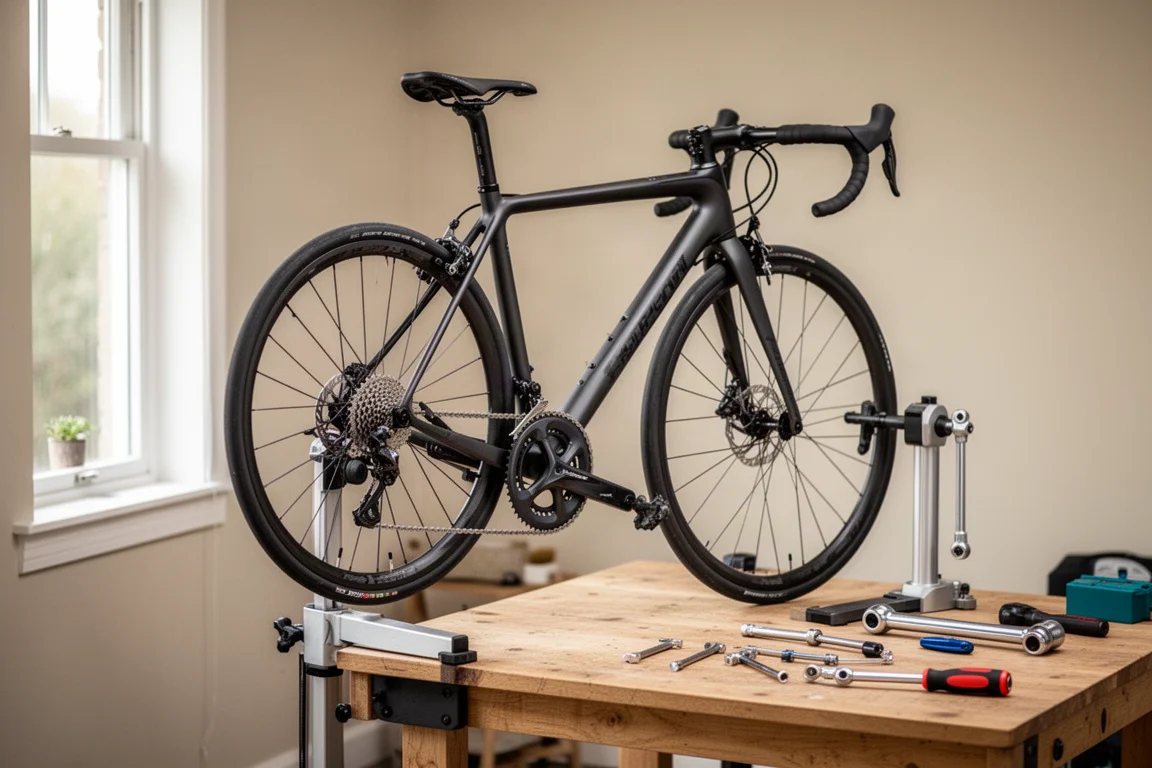 Bici da strada montata su un rullo indoor in un'officina poco illuminata
