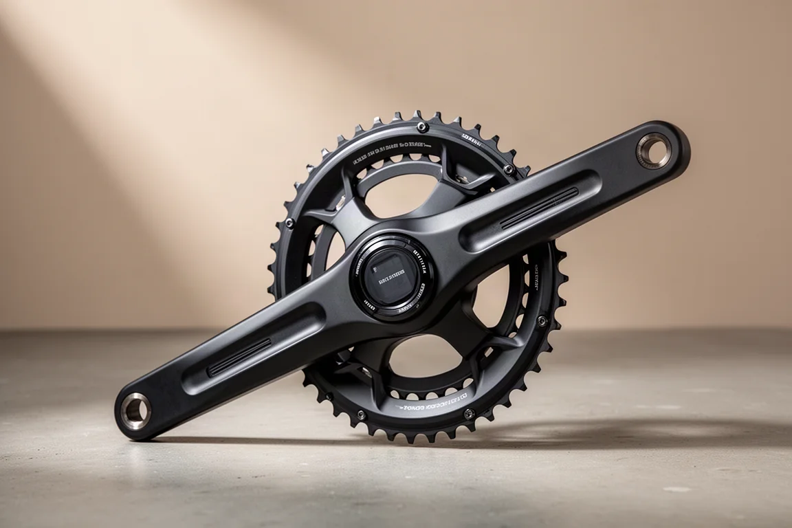 Magene PES P515 powermeter-crankstel met kettingbladen op een betonnen oppervlak