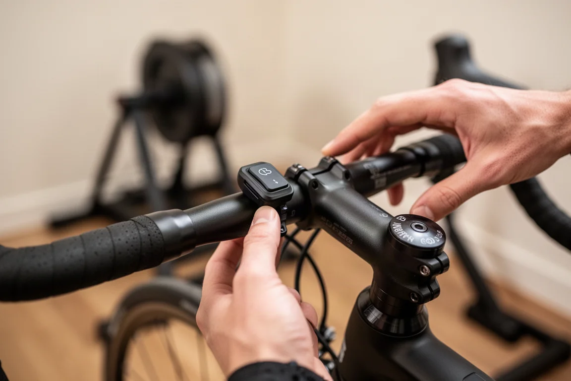 Närbild på en cyklist som växlar virtuella växlar med en liten fjärrknapp på styret