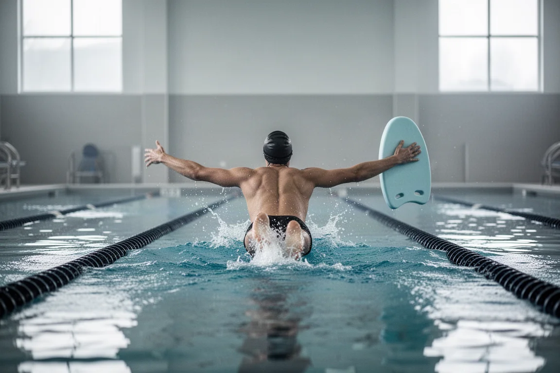 Zwemmer trapt door een binnenzwembadbaan met een lichtblauw kickboard in de hand