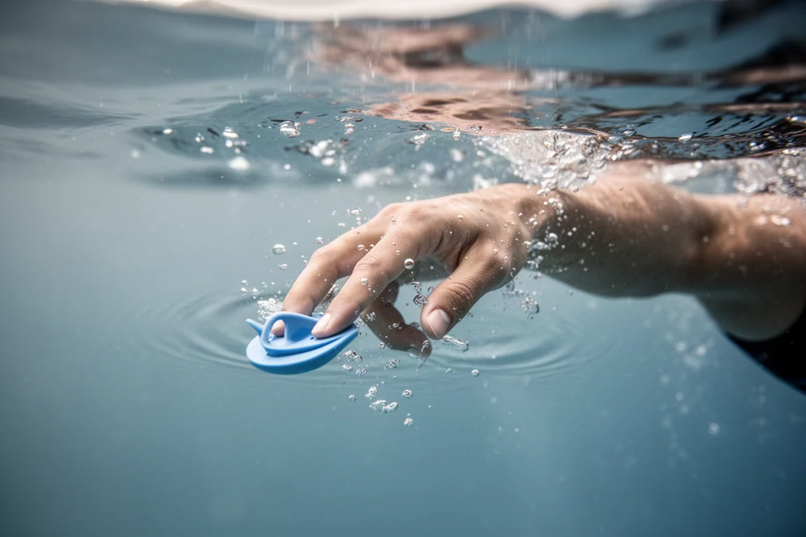 Close-up van de hand van een zwemmer met een kleine finger paddle, trekkend door blauw water