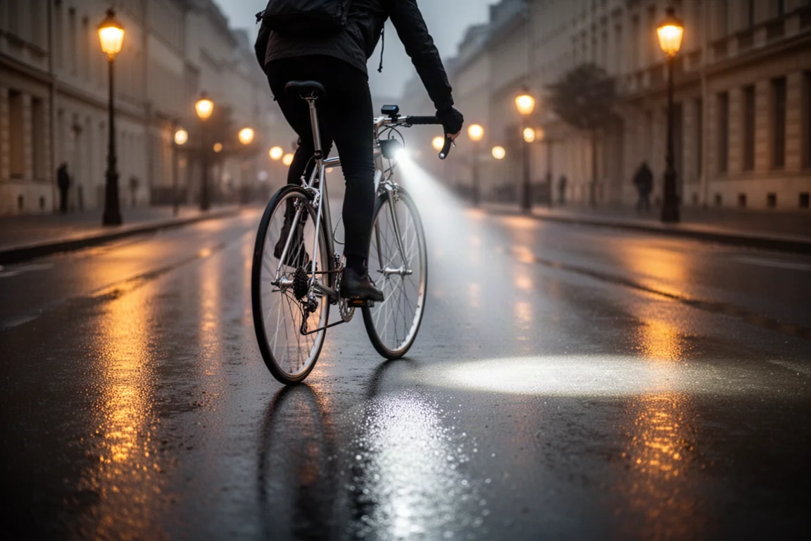 Cyclist riding a wet city street at dusk with a steady beam of light on the road