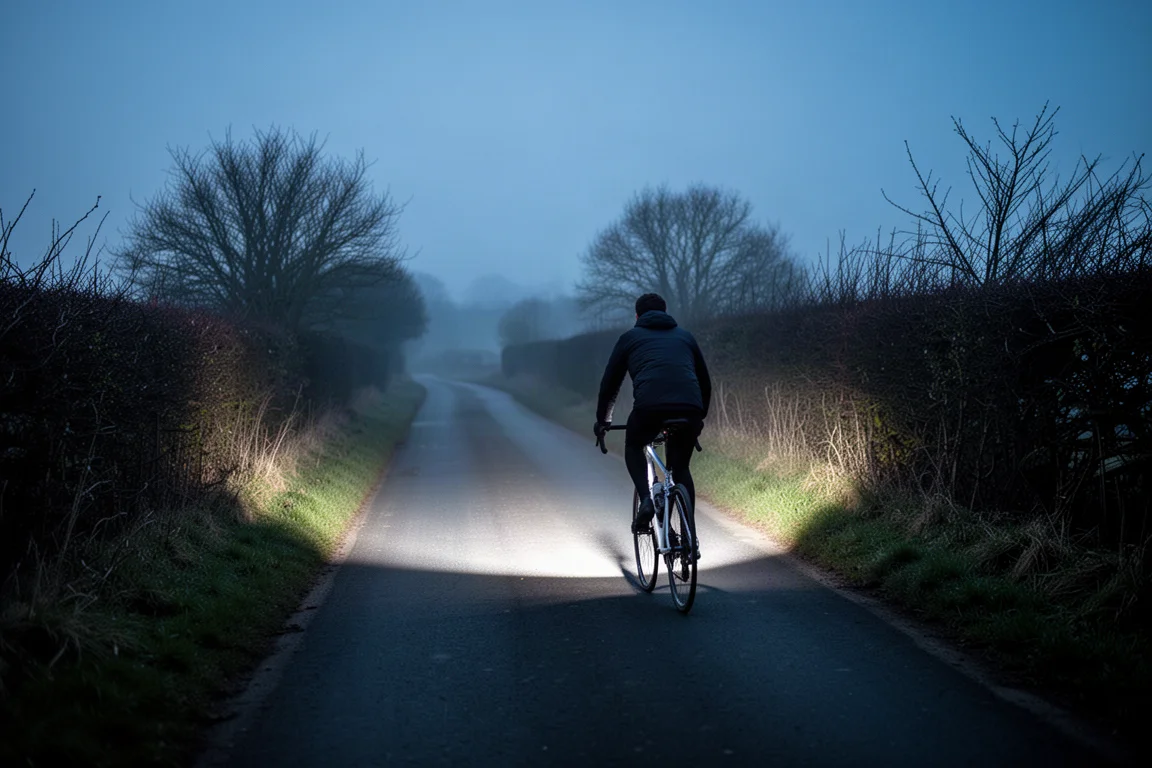 Cyclist on an unlit rural lane at night with a broad cone of white light ahead
