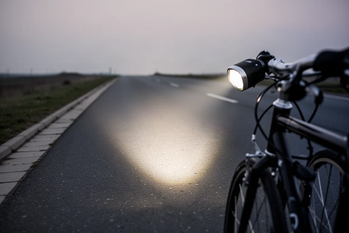 Low angle detail of a bicycle front light aimed at a stretch of road at dusk
