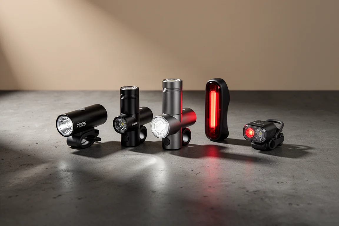 Five bicycle lights arranged in a row on a dark concrete surface