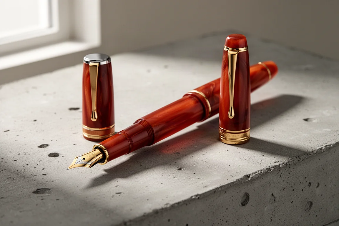 Warm reddish-brown resin fountain pen with gold-plated trim and broad steel nib on concrete