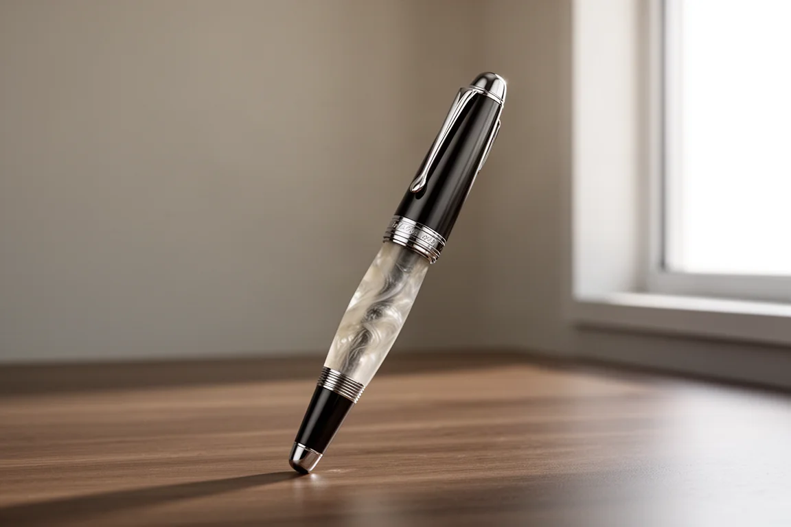 Large hand-turned fountain pen with translucent swirled barrel on a wood desk