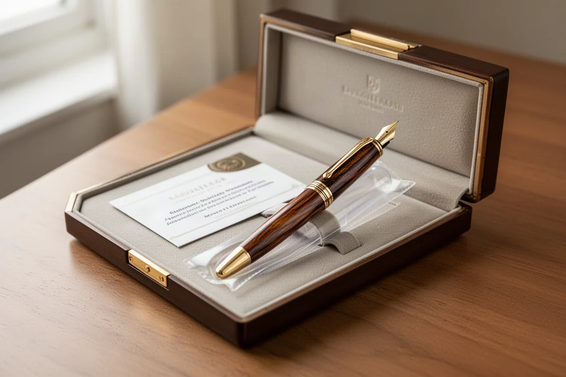 Fountain pen som packas upp ur ett vadderezat presentskrin på ett skrivbord