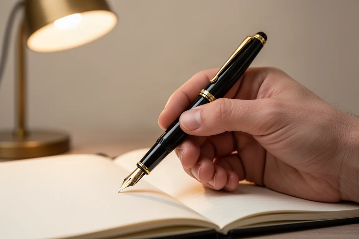 Fountain pen som hålls bekvämt i handen över en journalsida