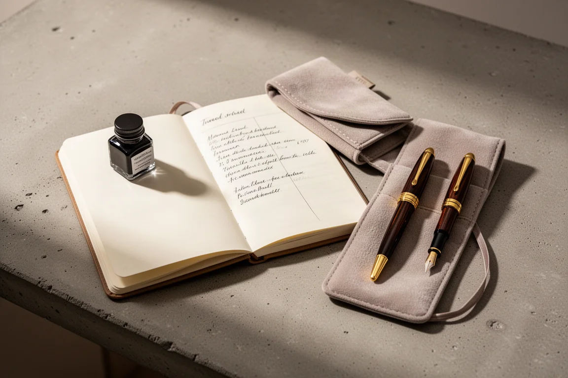 Fountain pen packad i en resjournal-uppsättning på ett skrivbord