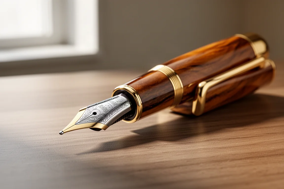 Ebonite and gold fountain pen with flex nib on a wooden desk